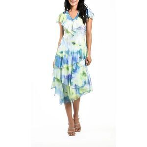 New $425 Komarov Flutter Sleeve Tiered Dress Size Large in Vivid Lime